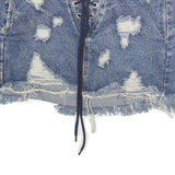 HONEYBUM Womens Blue Distressed Denim Mini Cotton Skirt M Lace Up Frayed Hem