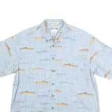 COLUMBIA Mens Blue & Beige Fish Print Cotton Shirt L Casual Outdoor Button-Down