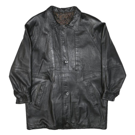 JAMA Womens Black Leather Button Jacket L Woven Minimalist Classic Fashion