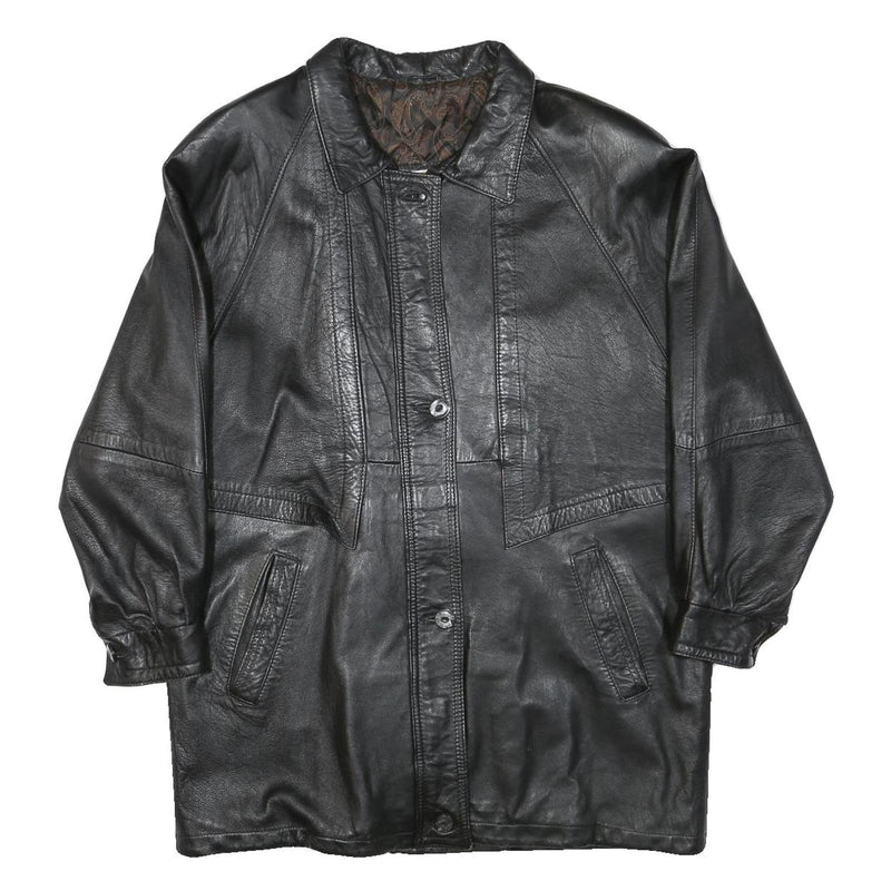 JAMA Womens Black Leather Button Jacket L Woven Minimalist Classic Fashion