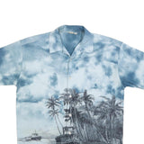 Mens Blue & Grey Tropical Boat Print Polyester Shirt M Casual Summer Beachwear
