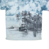 Mens Blue & Grey Tropical Boat Print Polyester Shirt M Casual Summer Beachwear