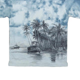 Mens Blue & Grey Tropical Boat Print Polyester Shirt M Casual Summer Beachwear