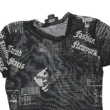 JUSTPOLLY Womens Black Printed Mesh Short Sleeve Round Neck Top M Trendy