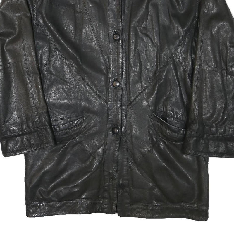 THE KING Womens Black Leather Button Jacket L Plain Button Closure Classic