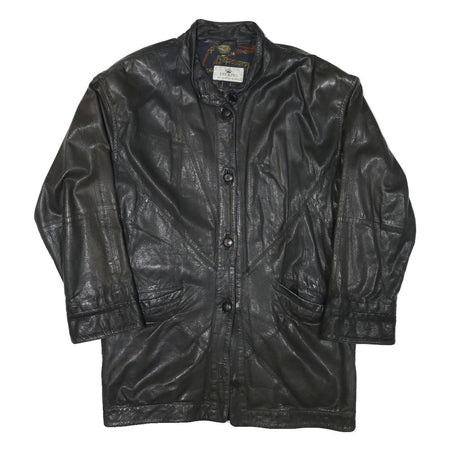 THE KING Womens Black Leather Button Jacket L Plain Button Closure Classic