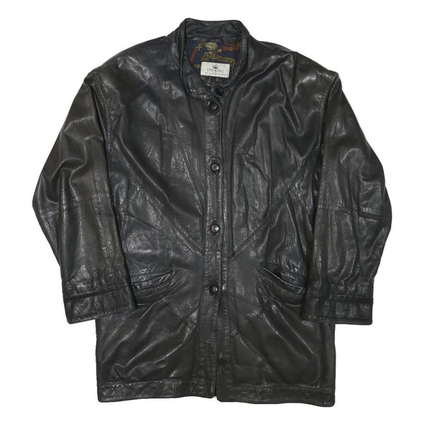 THE KING Womens Black Leather Button Jacket L Plain Button Closure Classic