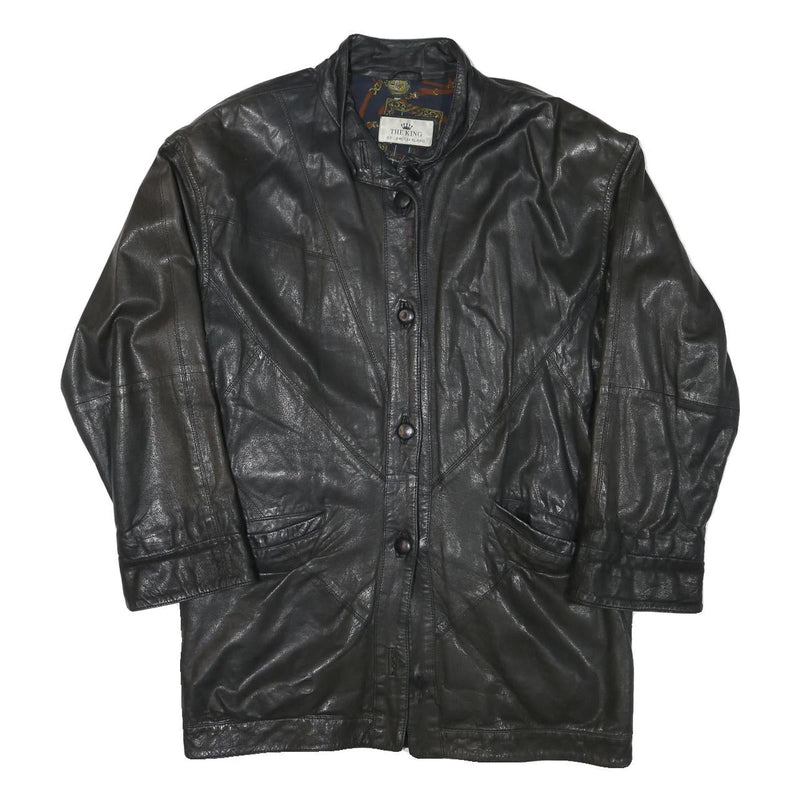 THE KING Womens Black Leather Button Jacket L Plain Button Closure Classic