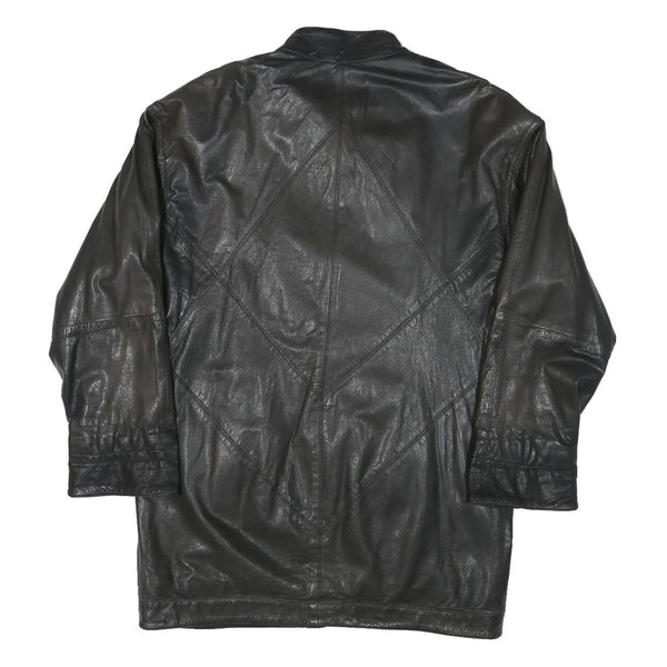 THE KING Womens Black Leather Button Jacket L Plain Button Closure Classic