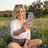 Electric Blue Petal Pop Samsung Galaxy S25 Case - Lifestyle photo showing phone case in use