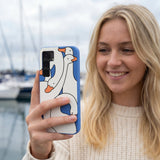 Electric Blue Silly Goose Samsung Galaxy S25 Case - Lifestyle photo showing phone case in use