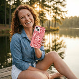 Bubblegum Pink Dicey Cherries iPhone 14 Case - Lifestyle photo showing phone case in use