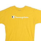 CHAMPION Mens Yellow Logo Print T-Shirt L Short Sleeve Crew Neck Cotton Casual