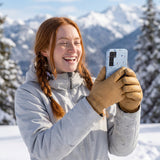 Powder Blue Ski Pass Samsung Galaxy S25 Case - Lifestyle photo showing phone case in use