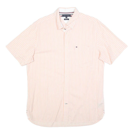 TOMMY HILFIGER Mens Pink & White Striped Shirt L Classic Cotton Blend Button Up