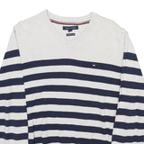 TOMMY HILFIGER Mens White & Navy Striped Pattern V-Neck Basic Knit M Jumper