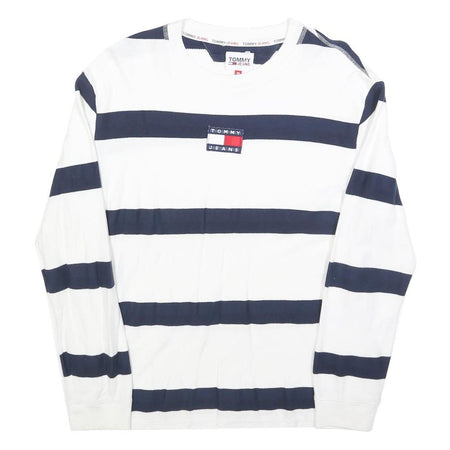TOMMY JEANS Mens White & Navy Stripe Plain Cotton Blend Crew Neck Basic Knit