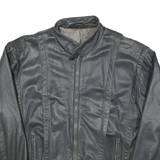 Mens Black Leather Biker Jacket 2XL Zip Closure Stand-Up Collar Plain Stylish