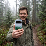 Powder Blue Forest Mist Google Pixel 10/10 Pro Case - Lifestyle photo showing phone case in use