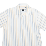 BOSS Mens White Blue & Beige Striped Cotton Blend Shirt L Casual Summer Short