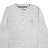 TOMMY HILFIGER Mens Grey Stripe Henley T-Shirt L Long Sleeve Crew Neck Cotton