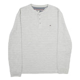 TOMMY HILFIGER Mens Grey Stripe Henley T-Shirt L Long Sleeve Crew Neck Cotton