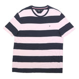 TOMMY HILFIGER Mens Navy & Pink Stripe T-Shirt L Short Sleeve Crew Neck Cotton