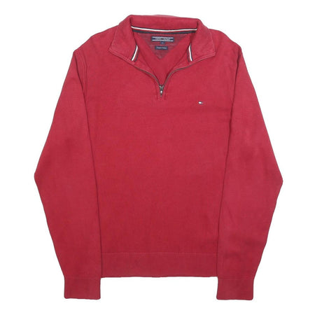 TOMMY HILFIGER Mens Red Pullover Plain V-Neck Basic Knit Jumper L Cotton