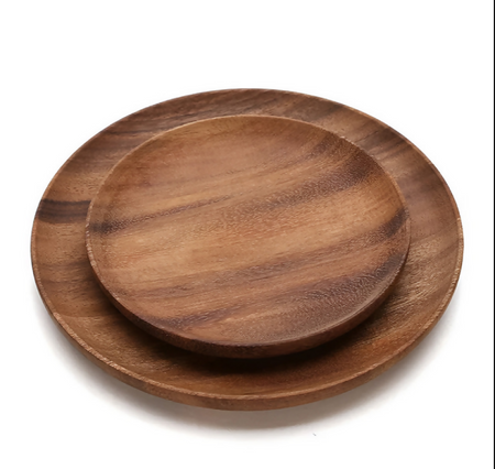 Anygleam Natural Wood 2pcs Round Wooden Plate Food Kitchen Tableware