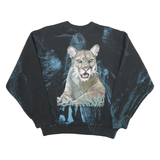 Mens Black Sweatshirt Cougar Graphic Crew Neck L Cotton Blend Vintage Style
