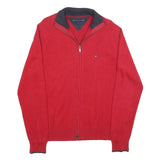 TOMMY HILFIGER Mens Red Jumper Zip Up Plain Crew Neck Basic Knit S Cotton
