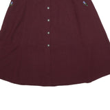 Womens Maroon Button Front Floral Embroidered A-Line Knee Length Linen Blend