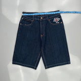 Cross And Flames Jinzu Graphic Denim Shorts - 34W 13L Dark Wash Cotton