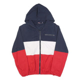 Mens Navy White & Red Colourblock Casual Cotton Hooded Jacket M Zip Plain