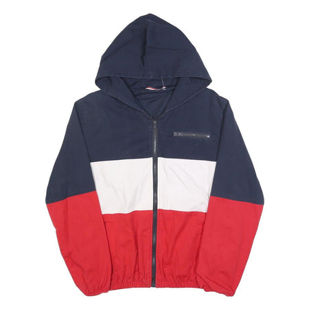Mens Navy White & Red Colourblock Casual Cotton Hooded Jacket M Zip Plain