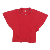 GUESS Womens Red Printed Top Short Sleeve Round Neck S Stylish Elegant