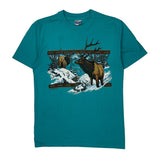 Wildlife Print Hanes Single Stitch T-Shirt - Large Blue Cotton Blend