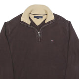 TOMMY HILFIGER Mens Brown & Cream Plain Jumper V-Neck Waffle Knit L Cotton Blend