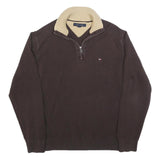TOMMY HILFIGER Mens Brown & Cream Plain Jumper V-Neck Waffle Knit L Cotton Blend