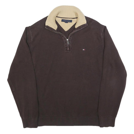 TOMMY HILFIGER Mens Brown & Cream Plain Jumper V-Neck Waffle Knit L Cotton Blend
