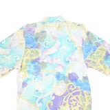 Womens Blue Cream Printed Shirt Short Sleeve Collared M Polyester Blend Casual