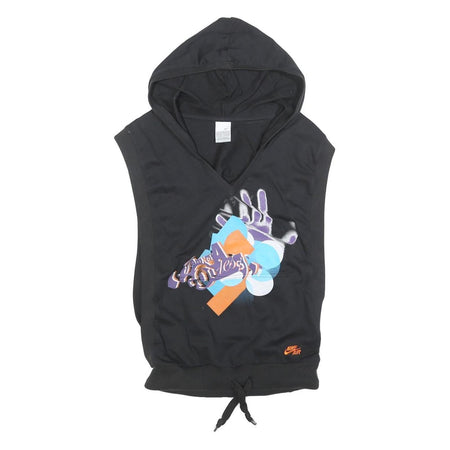NIKE Womens Black Cotton Blend Sleeveless Hoodie UK 14 Graphic Print Hooded