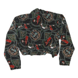 Womens Black & Green Printed Blouse Long Sleeve Collared M Stylish Crop Top