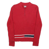 TOMMY HILFIGER Womens Red Fashion Patterned Jumper 1/4 Zip Rib Knit M Cotton