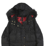 DESIGUAL Womens Black Embroidered Zip Jacket S Polyester Hooded