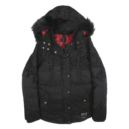 DESIGUAL Womens Black Embroidered Zip Jacket S Polyester Hooded