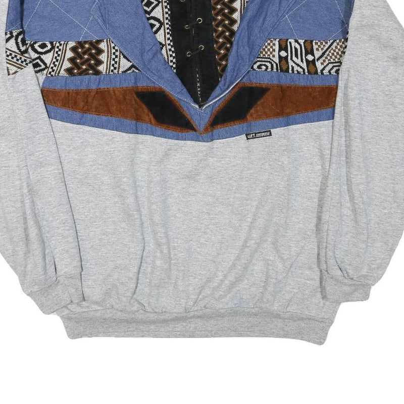 LIFT Mens Grey Blue Brown Patterned Collared L Sweatshirt Vintage Pullover