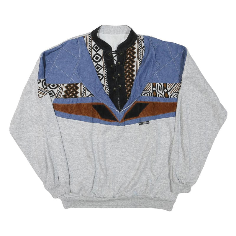 LIFT Mens Grey Blue Brown Patterned Collared L Sweatshirt Vintage Pullover