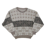 Womens Brown & Cream Patterned Jumper Wool Blend Crew Neck Basic Knit M