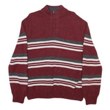 CHAPS Mens Maroon & Grey Striped Cotton Blend Patterned Jumper Half Zip Crew